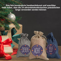 Hengda 24 Adventskalender zum Befüllen Stoffbeutel Weihnachten Geschenksäckchen mit Aufkleber Mini-Holzklammern Hanfseile Weihnachtskalender tüten Geschenkbeutel 22 x 15 cm
