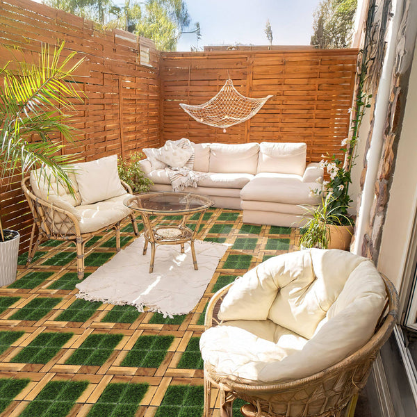 Hengda Holzfliesen aus Akazien Holz, Balkonfliesen mit Künstlichem Gras, Dekorationsbodenmatte