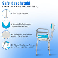 Hengda Duschstuhl mit abnehmbaren Armen und Rückenlehne, Duschhocker für senioren, Höhenverstellbar 56-69cm, bis 136 kg belastbar