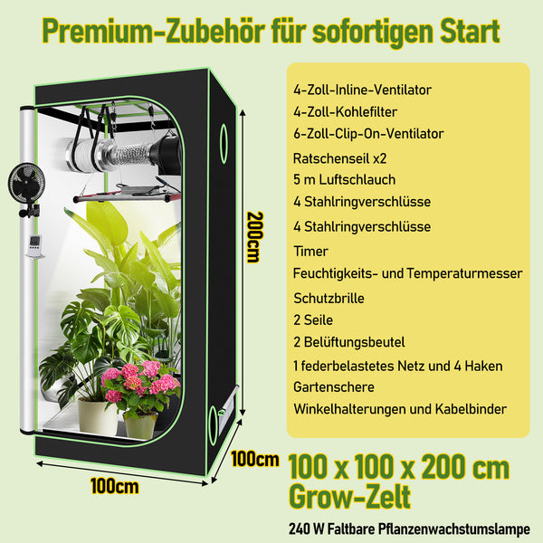 Hengda Growzelt Komplettset, Growbox mit LED Grow Lampe, Gewächshaus, Pflanzenzelt inkl. Belüftungssystem