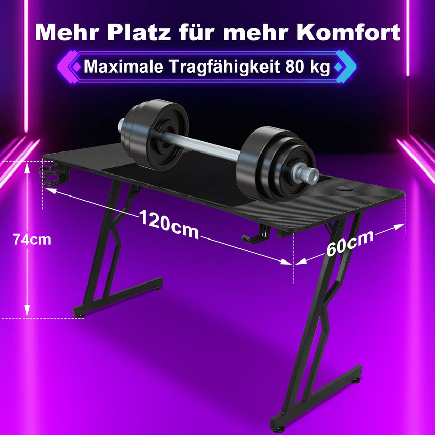 Hengda Gaming Schreibtisch 120/140 cm, Gaming Tisch mit LED, Computertisch