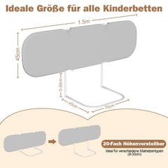Hengda Bettgitter Rausfallschutz Klappbar, 120/150/180cm, Höhenverstellbar, Bettschutzgitter, Tragbar Kinderbettgitter