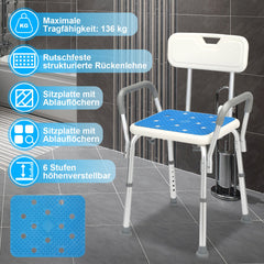 Hengda Duschhocker für Senioren Duschstuhl mit Armlehnen und Rückenlehne Badezimmerhocker bis 136kg Badhocker Höhenverstellbar Badhocker für die Dusche