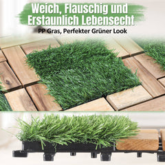 Hengda Holzfliesen aus Akazien Holz, Balkonfliesen mit Künstlichem Gras, Dekorationsbodenmatte