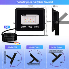Hengda RGB LED Strahler Außen mit Fernbedienung, 10/20/30/50 W Fluter LED Dimmbar, Flutlicht IP66 Wasserdicht, 4 Modi