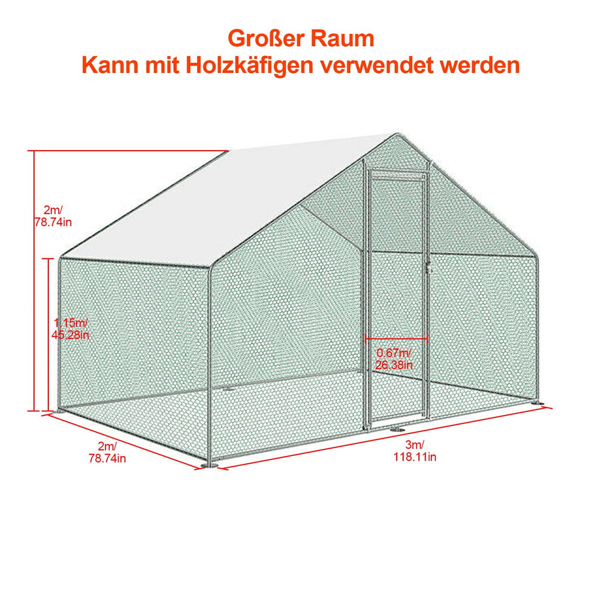 Hengda verzinkter Stahlrahmen mit PE-Schattendach, Kaninchenhaus, Geflügelkäfig, Tierzaun