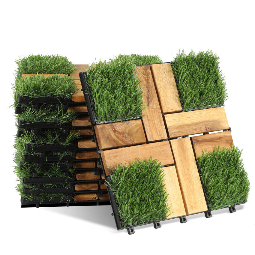Hengda Holzfliesen aus Akazien Holz, Balkonfliesen mit Künstlichem Gras, Dekorationsbodenmatte