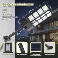 Hengda 300W/400W Straßenlampe Solar Straßenlaternen mit Fernbedienung Strassenlaterne LED Außen Wasserdichtes Solar Flutlichter 6500k Kaltesweiß IP67 Wasserdicht Solarlampen Outdoor Hof Garage [Energieklasse F]