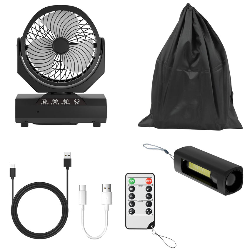 Hengda Camping ventilator mit Haken & LED-Laterne, Tragbar 20000mAh Akku 2-in-1 Zeltventilator, 270° schwenkbar 3 Geschwindigkeiten, USB Ventilator