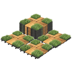 Hengda Holzfliesen aus Akazien Holz, Balkonfliesen mit Künstlichem Gras, Dekorationsbodenmatte