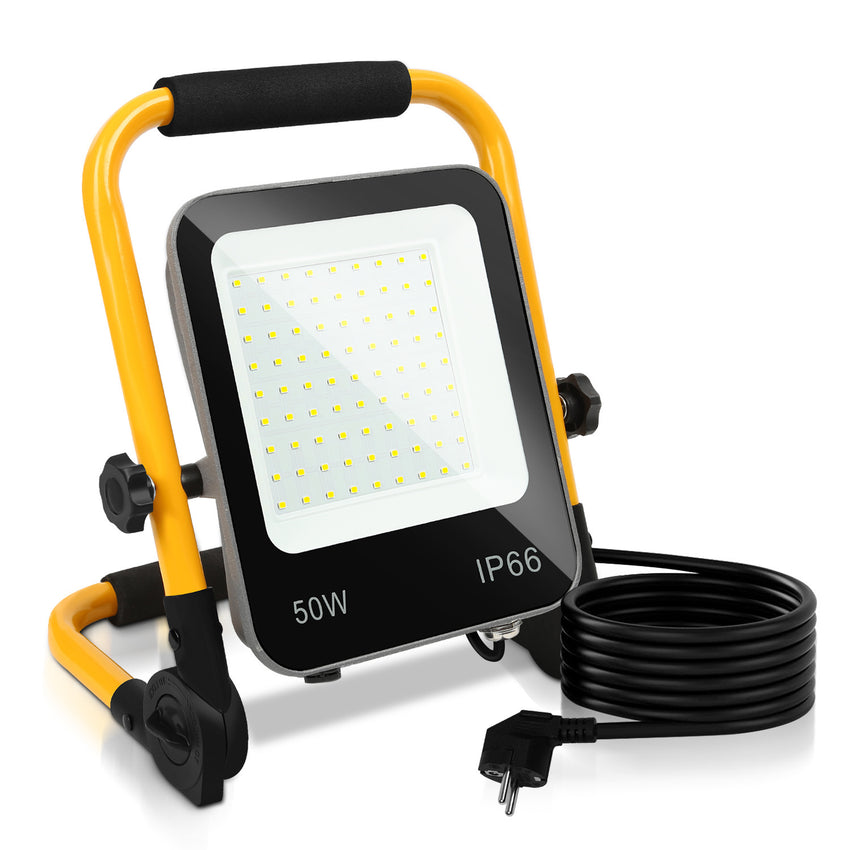 Hengda LED Baustrahler 50W-200W, Arbeitsleuchte IP66 Wasserdicht, LED-Strahler mit 3M Kabel, und Faltbarer Ständer, 6000K Kaltweiß Fluter für Werkstatt  (mit Stecker)