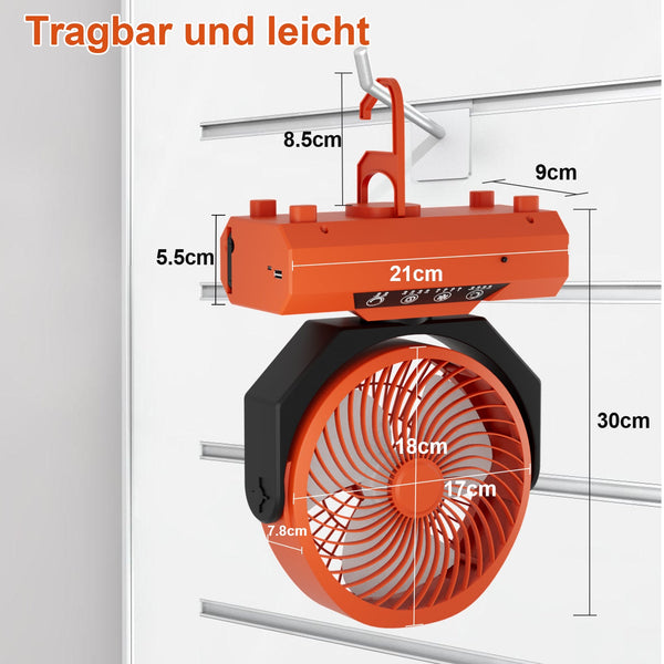 Hengda Camping ventilator mit Haken & LED-Laterne, Tragbar 20000mAh Akku 2-in-1 Zeltventilator, 270° schwenkbar 3 Geschwindigkeiten, USB Ventilator