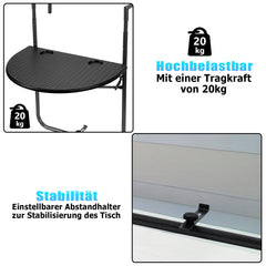 Balkontisch klappbar Hängetisch, klapptisch Balkongeländer, 3-Fach höhenverstellbarer balkontisch zum einhängen, 60 x 40 cm Halbrund Balkontisch klappbar Schwarz