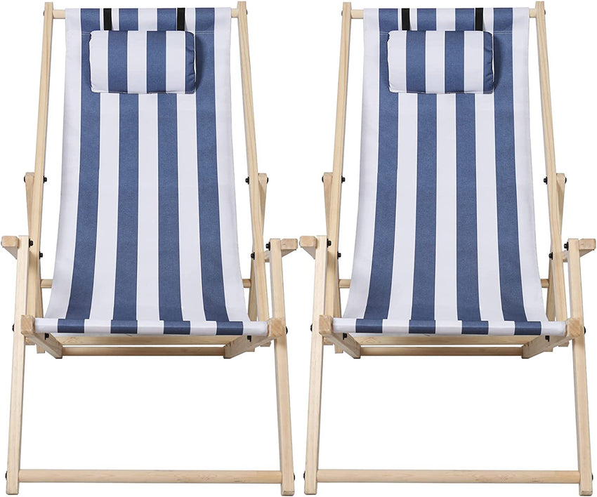 Hengda 2er Set Liegestuhl Klappbar Holz, Gartenliege Strandstuhl Faltbar, 3-Fach Verstellbare Rückenlehne Klappliegestuhl, Strandliege mit Kopfkissen & Armlehnen (Blaue und weiße Streifen)