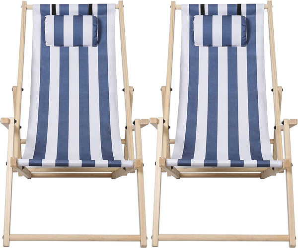 Hengda 2er Set Liegestuhl Klappbar Holz, Gartenliege Strandstuhl Faltbar, 3-Fach Verstellbare Rückenlehne Klappliegestuhl, Strandliege mit Kopfkissen & Armlehnen (Blaue und weiße Streifen)