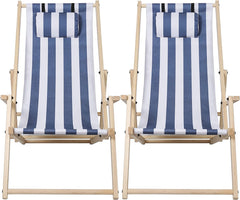 Hengda 2er Set Liegestuhl Klappbar Holz, Gartenliege Strandstuhl Faltbar, 3-Fach Verstellbare Rückenlehne Klappliegestuhl, Strandliege mit Kopfkissen & Armlehnen (Blaue und weiße Streifen)