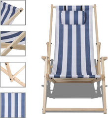 Hengda 2er Set Liegestuhl Klappbar Holz, Gartenliege Strandstuhl Faltbar, 3-Fach Verstellbare Rückenlehne Klappliegestuhl, Strandliege mit Kopfkissen & Armlehnen (Blaue und weiße Streifen)