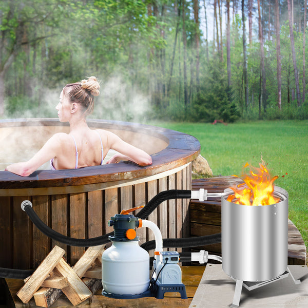 Hengda Poolheizung mit Feuer und Heizspirale, mit Feuerfestmatten und Tablett, Poolheizung Feuertonne, 100% rostfreier Edelstahl Schwimmbadheizung Ø 36/38 mm Anschlüsse