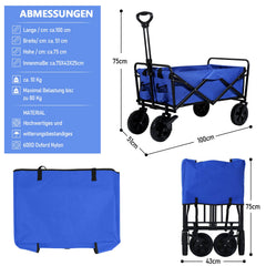Hengda Bollerwagen faltbar Transportkarre Gerätewagen mit 360 Grad drehbaren Rädern, 96L 100KG Tragkraft, Seitentasche Getränkehalter verstellbarem Griff