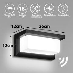 Hengda LED Wandleuchte 18W LED Wandlampe Sensor Wandleuchte IP65 Außenleuchte mit Bewegungsmelder