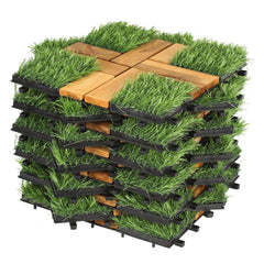 Hengda Holzfliesen aus Akazien Holz, Balkonfliesen mit Künstlichem Gras, Dekorationsbodenmatte