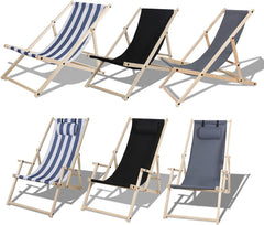 Hengda 2er Set Liegestuhl Klappbar Holz, Gartenliege Strandstuhl Faltbar, 3-Fach Verstellbare Rückenlehne Klappliegestuhl, Strandliege mit Kopfkissen & Armlehnen (Blaue und weiße Streifen)