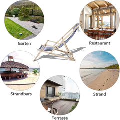 Hengda 2er Set Liegestuhl Klappbar Holz, Gartenliege Strandstuhl Faltbar, 3-Fach Verstellbare Rückenlehne Klappliegestuhl, Strandliege mit Kopfkissen & Armlehnen (Blaue und weiße Streifen)