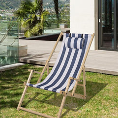 Hengda 2er Set Liegestuhl Klappbar Holz, Gartenliege Strandstuhl Faltbar, 3-Fach Verstellbare Rückenlehne Klappliegestuhl, Strandliege mit Kopfkissen & Armlehnen (Blaue und weiße Streifen)
