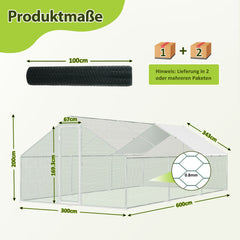Hengda Freilaufgehege Hühnerstall 3x6x2m, Geflügelstall mit Schloss, Hühnerhaus, Verzinkter Stahl