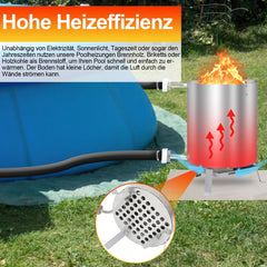 Hengda Poolheizung mit Feuer und Heizspirale, mit Feuerfestmatten und Tablett, Poolheizung Feuertonne, 100% rostfreier Edelstahl Schwimmbadheizung Ø 36/38 mm Anschlüsse