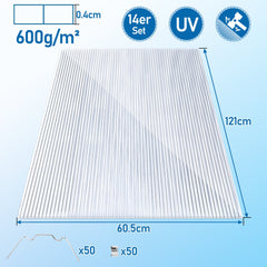 Hengda 14x Polycarbonat Hohlkammerstegplatte Doppelstegplatte UV-beständigen Stegplatte Gewächshausplatte Für Gewächshaus Gartenbau Carports 60.5 x 121cm, 4mm | 10,25 m², Transparent