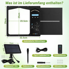 Hengda Automatische Hühnerklappe Solar, Einklemmschutz, IP65 Wasserdicht, Automatische Hühnertür