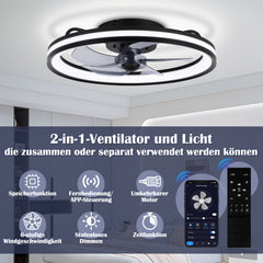 Hengda Deckenventilator Mit Beleuchtung Dimmbar Ventilator Ø50cm, Fernbedienung/APP-Steuerung, 6 Windstufen, Deckenleuchte mit Ventilator