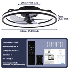 Hengda Deckenventilator Mit Beleuchtung Dimmbar Ventilator Ø50cm, Fernbedienung/APP-Steuerung, 6 Windstufen, Deckenleuchte mit Ventilator