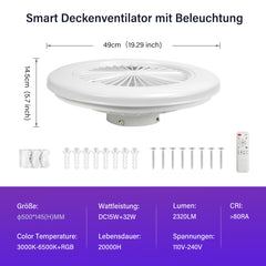Hengda Deckenventilator mit RGB LED Beleuchtung, 6 Geschwindigkeiten,  Stufenloses Dimmen, φ49cm, Ventilator Lüfter Deckenlampe
