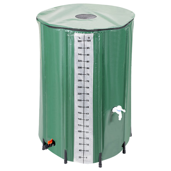 Hengda Faltbare Regentonne, 380L Regenwassertank Mit Wasserhahn und Ablassventil, Tragbarer Wasserspeicher Regenfass, PVC Wassertank (Mit Skala)