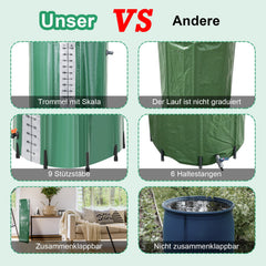 Hengda Faltbare Regentonne, 380L Regenwassertank Mit Wasserhahn und Ablassventil, Tragbarer Wasserspeicher Regenfass, PVC Wassertank (Mit Skala)