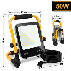 Hengda LED Baustrahler 50W-200W, Arbeitsleuchte IP66 Wasserdicht, LED-Strahler mit 3M Kabel, und Faltbarer Ständer, 6000K Kaltweiß Fluter für Werkstatt  (mit Stecker)
