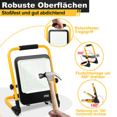 Hengda LED Baustrahler 50W-200W, Arbeitsleuchte IP66 Wasserdicht, LED-Strahler mit 3M Kabel, und Faltbarer Ständer, 6000K Kaltweiß Fluter für Werkstatt  (mit Stecker)