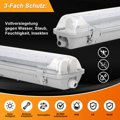 Hengda LED Feuchtraumleuchte 18W/24W, 120cm/150cm Wannenleuchte, Kaltweiß/Neutralweiß, Doppelt T8 LED Werkstattlampe, Röhrenlampe IP65 Wasserfest