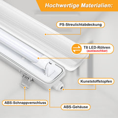 Hengda LED Feuchtraumleuchte 18W/24W, Wannenleuchte 4000K Neutralweiß, T8 LED Röhre, Feuchtraumlampe IP65 Wasserfest Röhrenlampe, Werkstattlampe