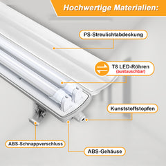 Hengda LED Feuchtraumleuchte 18W/24W, 120cm/150cm Wannenleuchte, Kaltweiß/Neutralweiß, Doppelt T8 LED Werkstattlampe, Röhrenlampe IP65 Wasserfest