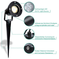 Hengda LED Gartenstrahler 4W, Gartenleuchte GU10 4000K Warmweiß, Gartenbeleuchtung mit Erdspieß, IP65 Gartenlampe mit Stecker