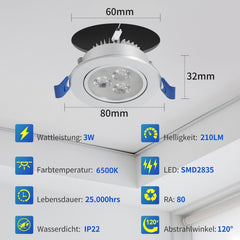 Hengda LED Einbaustrahler 230V 3W, Ultra flach LED Einbauleuchten, Deckenspots Lochs Ø60mm