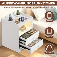 Hengda Nachttisch Ablagen, mit Steckdose & LED-Lichtern, Beistelltisch Schubfächer