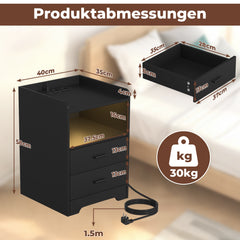 Hengda Nachttisch Ablagen, mit Steckdose & LED-Lichtern, Beistelltisch Schubfächer