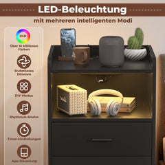 Hengda Nachttisch Ablagen, mit Steckdose & LED-Lichtern, Beistelltisch Schubfächer