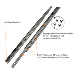 Hengda Schubladenschienen 250 - 550 mm, Schubladen  Schienensystem mit Selbsteinzug, Teleskopschiene vollauszug Schubladenauszüg, Kugelführung, Tragkraft 35 Kg