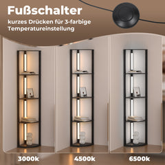 Hengda Stehlampe mit Holzregal, Bücherregal mit LED-Beleuchtung, 360° Drehbare RGB LED Stehleuchte Wohnzimmer, 3 Farbtemperaturen, 20W & 163 cm Höhe