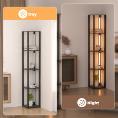 Hengda Stehlampe mit Holzregal, Bücherregal mit LED-Beleuchtung, 360° Drehbare RGB LED Stehleuchte Wohnzimmer, 3 Farbtemperaturen, 20W & 163 cm Höhe